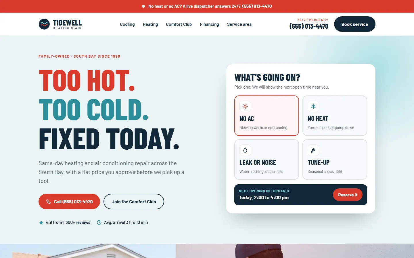 Concept design for a fictional HVAC business, Tidewell Heating & Air: home page