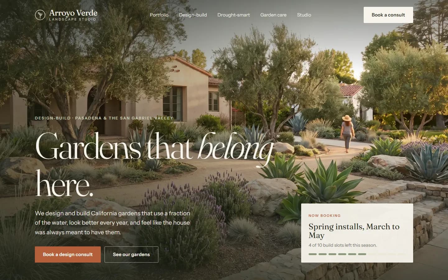 Concept design for a fictional landscaping business, Arroyo Verde Landscape Studio: home page