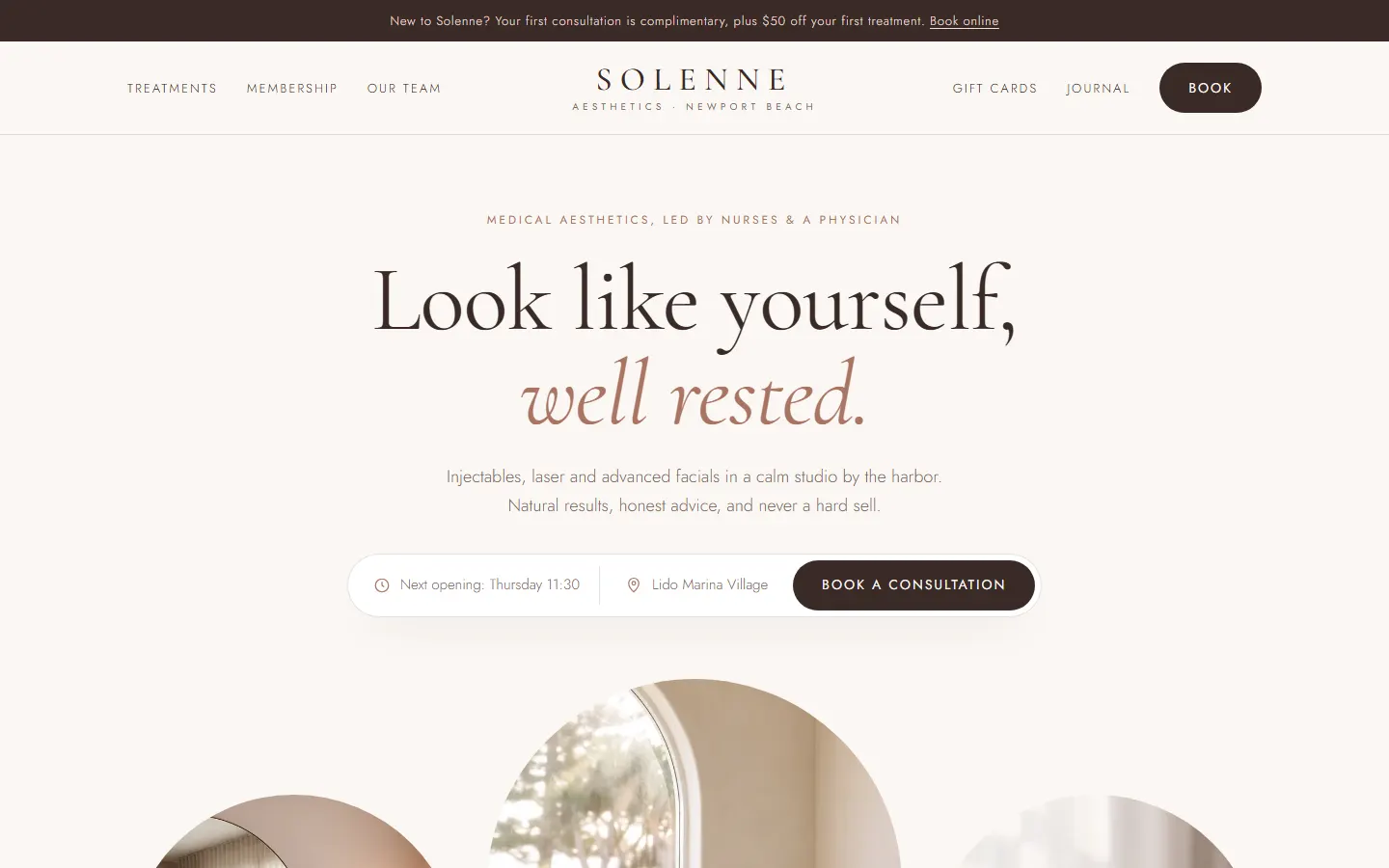 Concept design for a fictional med spa business, Solenne Aesthetics: home page