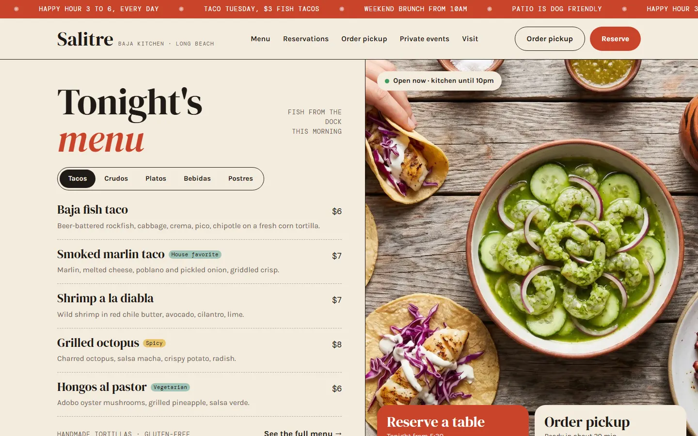 Concept design for a fictional restaurant business, Salitre Baja Kitchen: home page