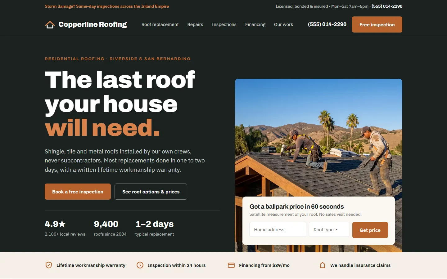 Concept design for a fictional roofing business, Copperline Roofing: home page