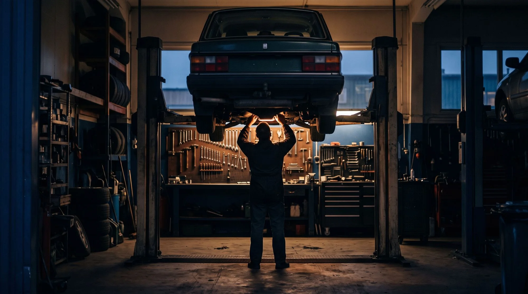 Mechanic working under a car on a lift at night