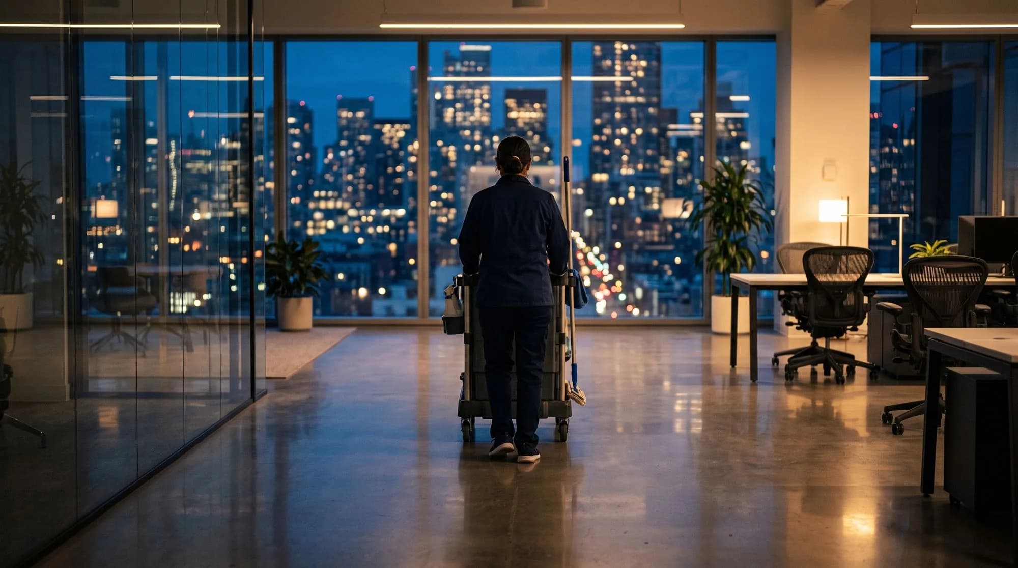 Cleaner with a cart in a modern office after hours