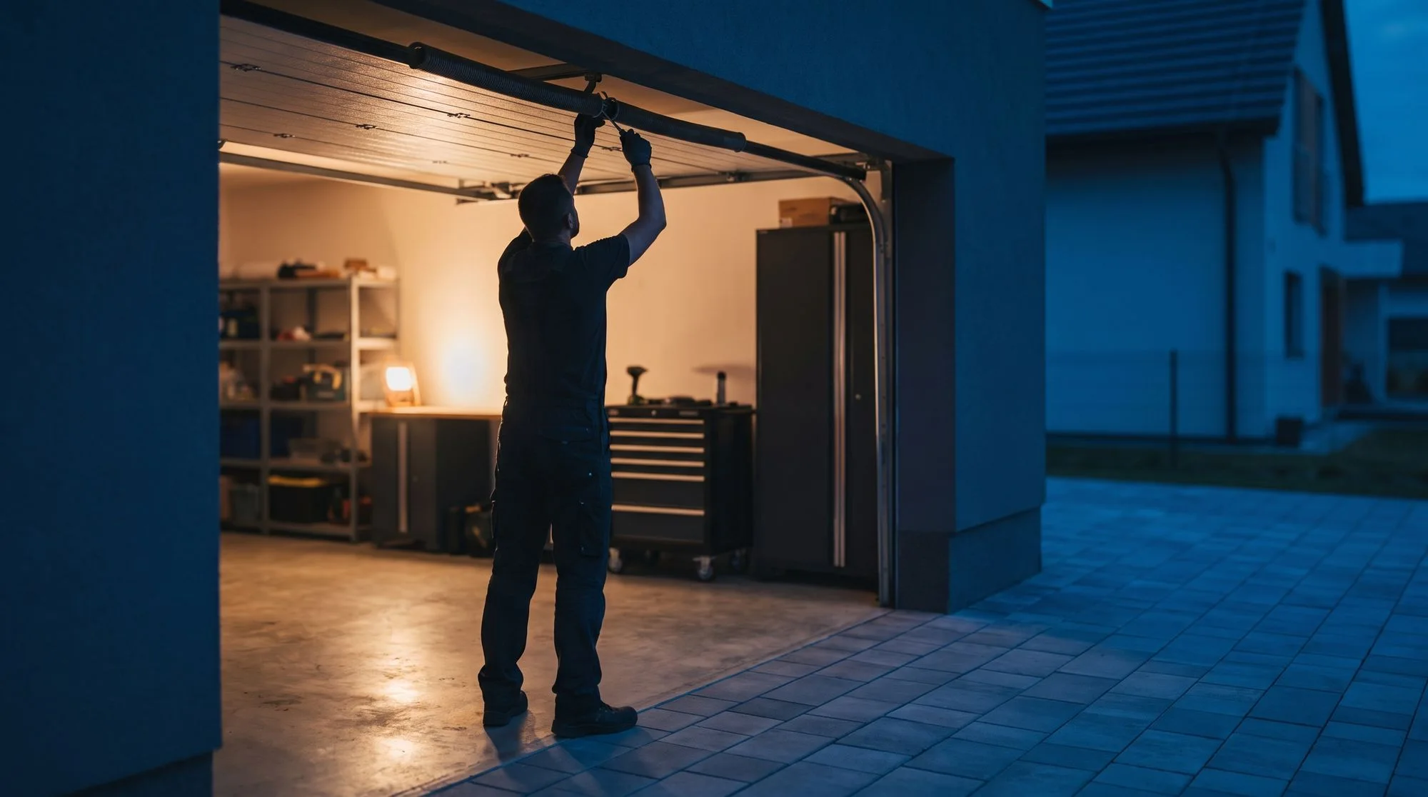 Technician adjusting the spring on an open garage door at dusk