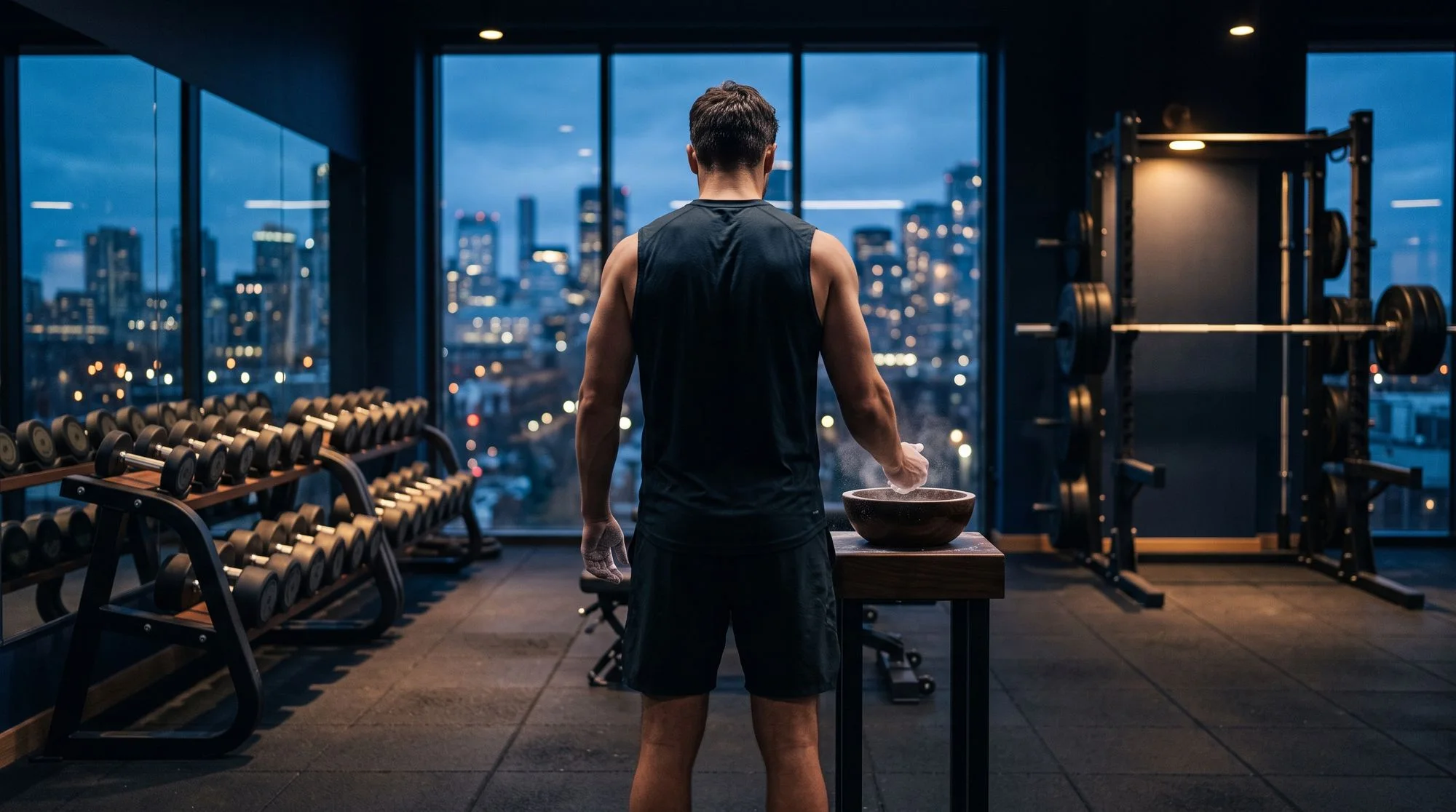 Athlete chalking hands in a boutique gym at night