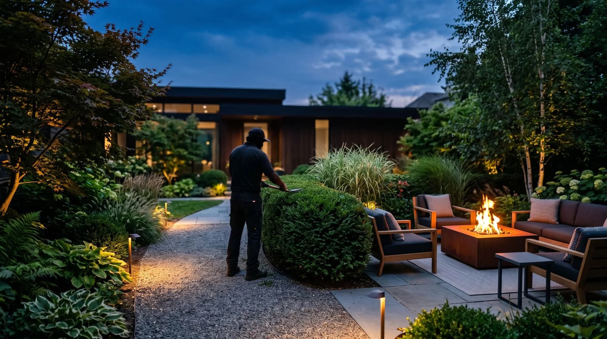 Landscaper trimming a hedge in a lit backyard at dusk