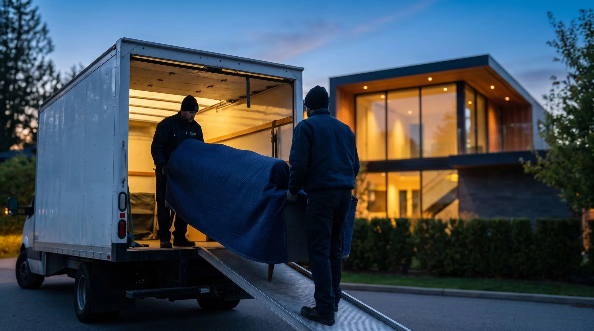 Two movers loading a blanket-wrapped sofa into a truck at dusk