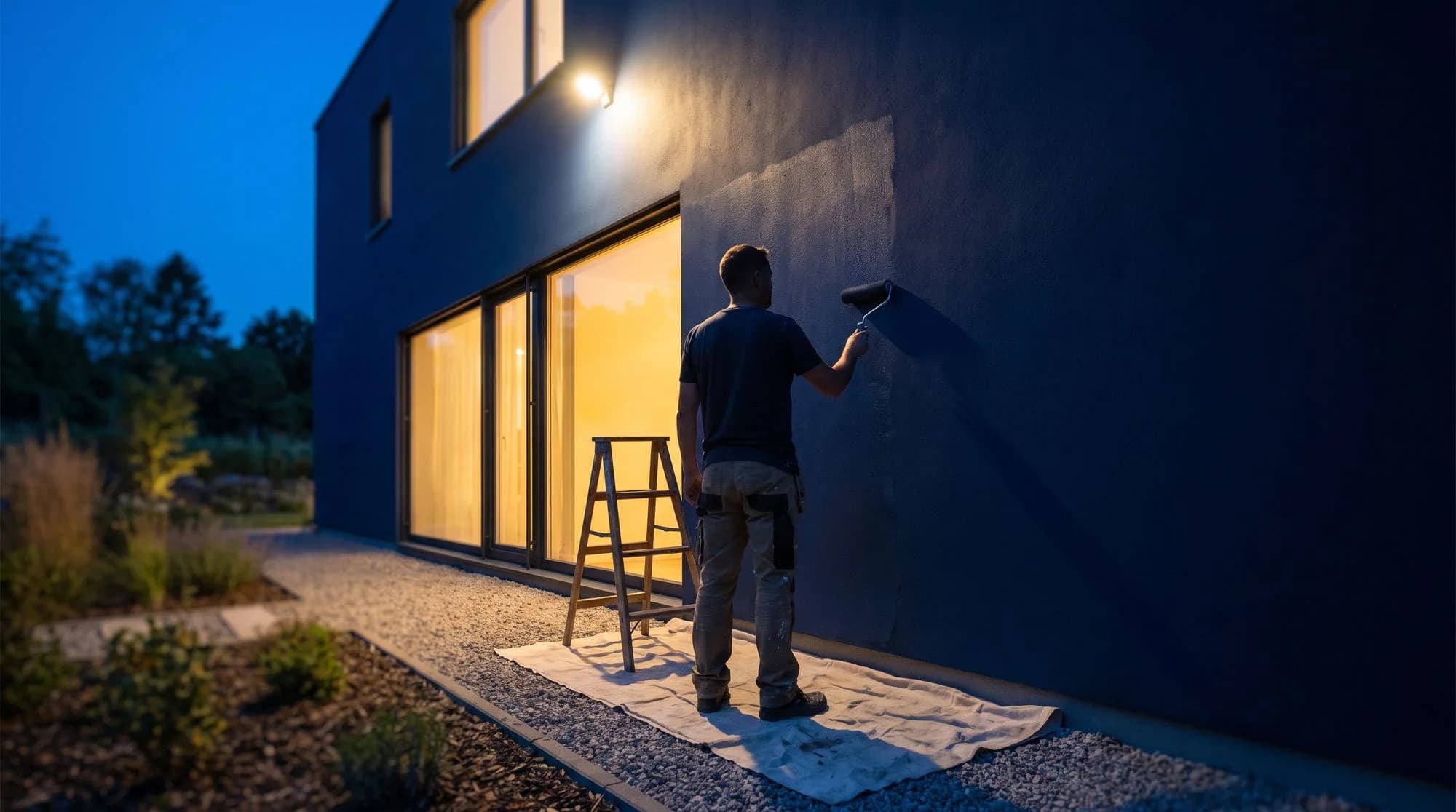 Painter rolling dark paint onto the exterior wall of a modern house at dusk