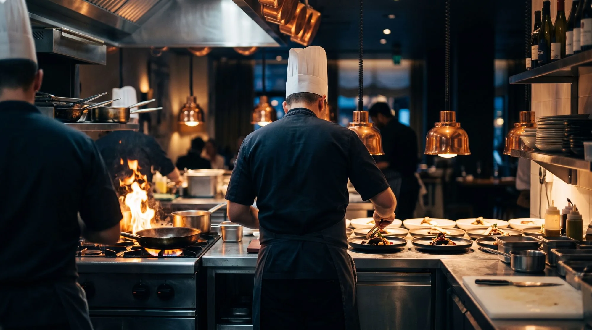 Chef plating at a restaurant kitchen line during dinner service