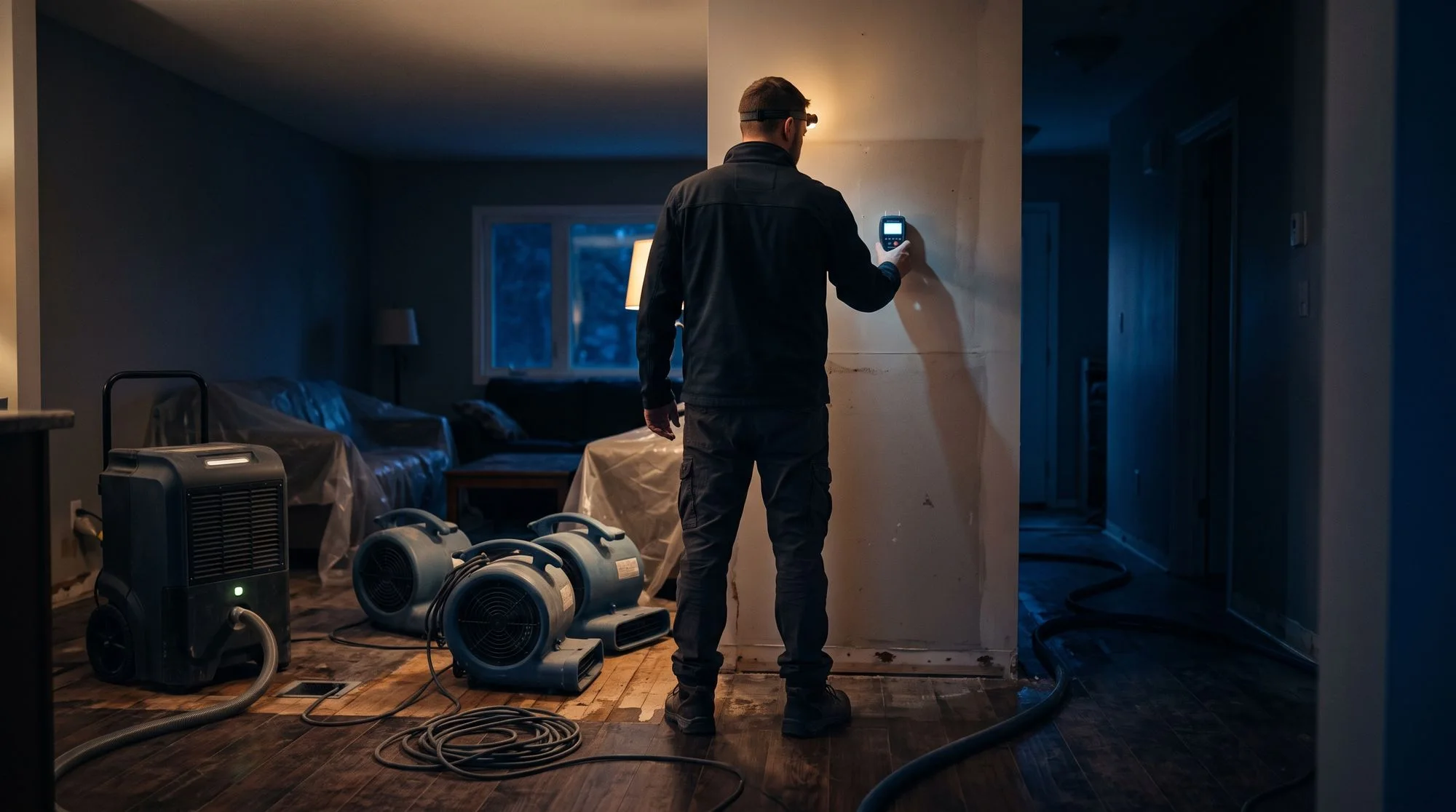 Technician checking moisture beside air movers and a dehumidifier