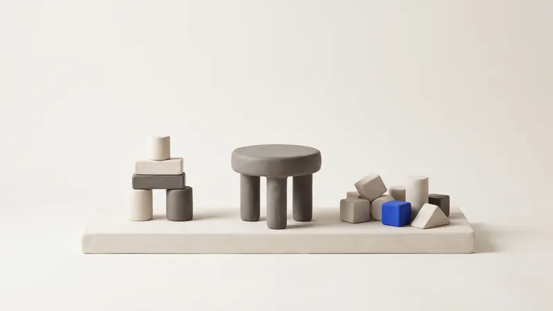 Three matte clay blocks of different heights in a row, the tallest with a cobalt top, on a warm off-white background
