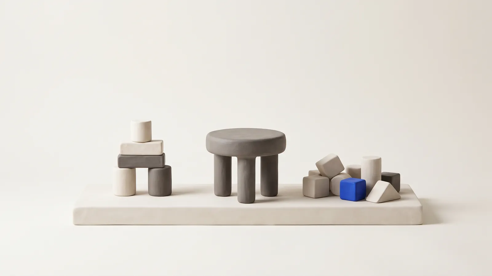 Three matte clay blocks of different heights in a row, the tallest with a cobalt top, on a warm off-white background