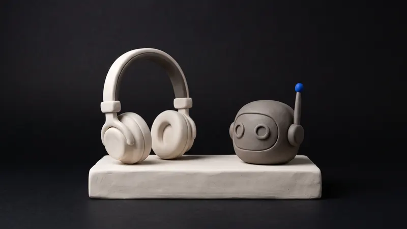Two matte clay objects side by side, a telephone handset and a small rounded robot form with a cobalt accent, on warm off-white