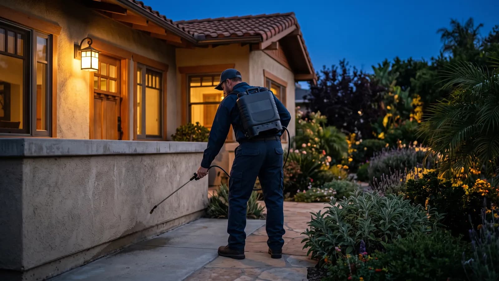 A pest control technician seen from behind with a sprayer along the side of a stucco home at blue hour, navy and cobalt grade