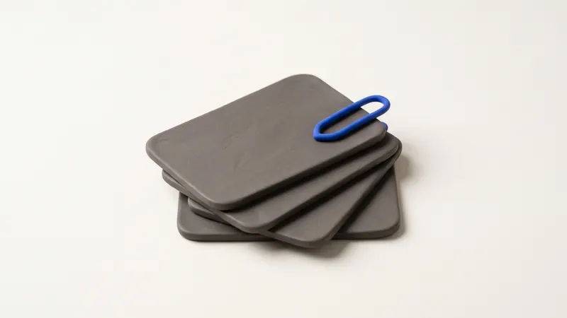 A matte clay clipboard holding a blank clay sheet with a small cobalt clip, on a warm off-white background
