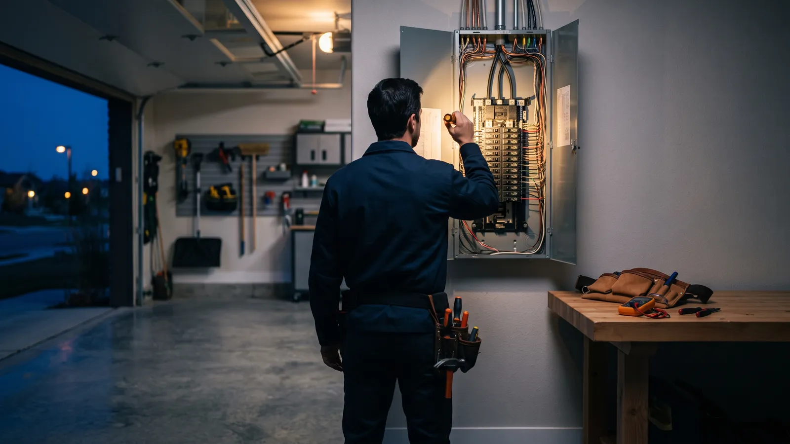 An electrician seen from behind at an open residential panel in a garage at blue hour, lit by a work lamp, navy and cobalt grade