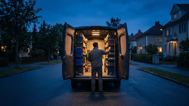 A plumber seen from behind loading a service van at blue hour, cobalt and navy tones, warm interior van light, no faces or logos