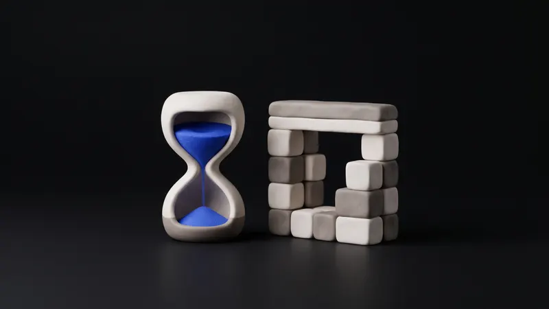 A matte clay hourglass beside a small clay browser window with a cobalt button, on a warm off-white background
