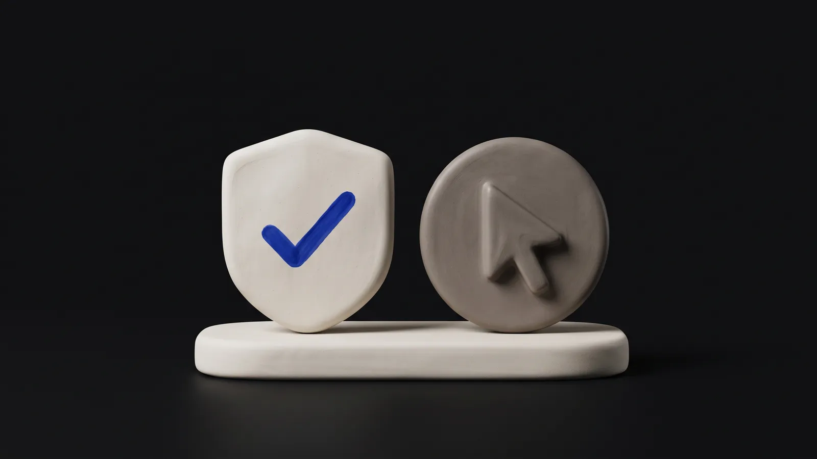 Two matte clay cards side by side, one with a small cobalt check mark shape, on a near-black background