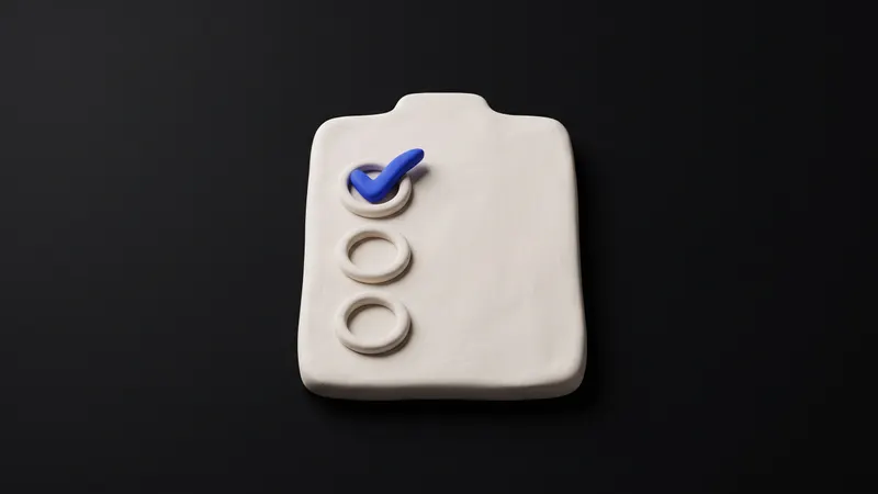 A matte clay checklist board with three clay check marks, one in cobalt, on a near-black background