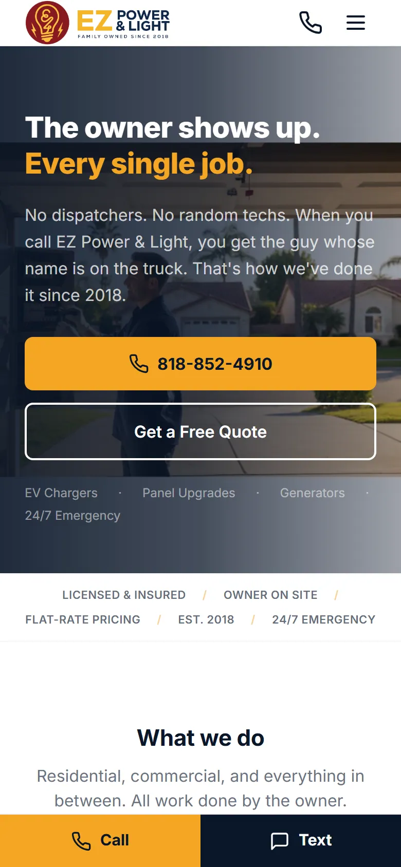 EZ Power & Light website on a phone