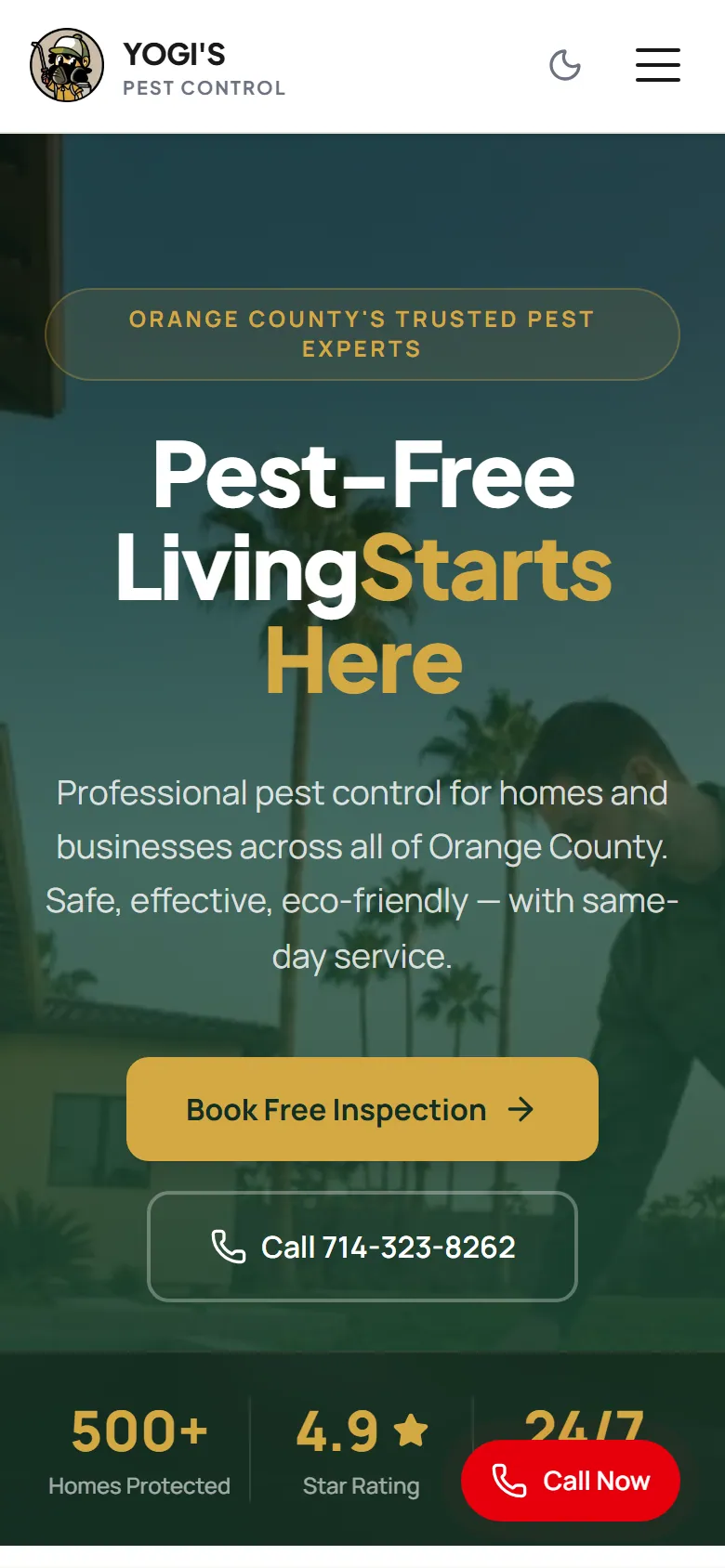 Yogi's Pest Control website on a phone