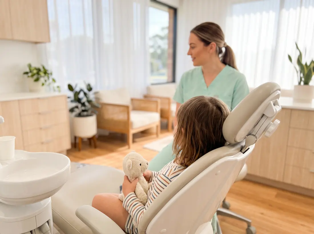Child in a dental chair holding a plush toy