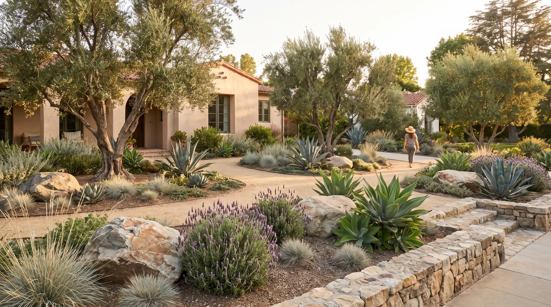 Drought-tolerant front garden with olive tree and decomposed granite path