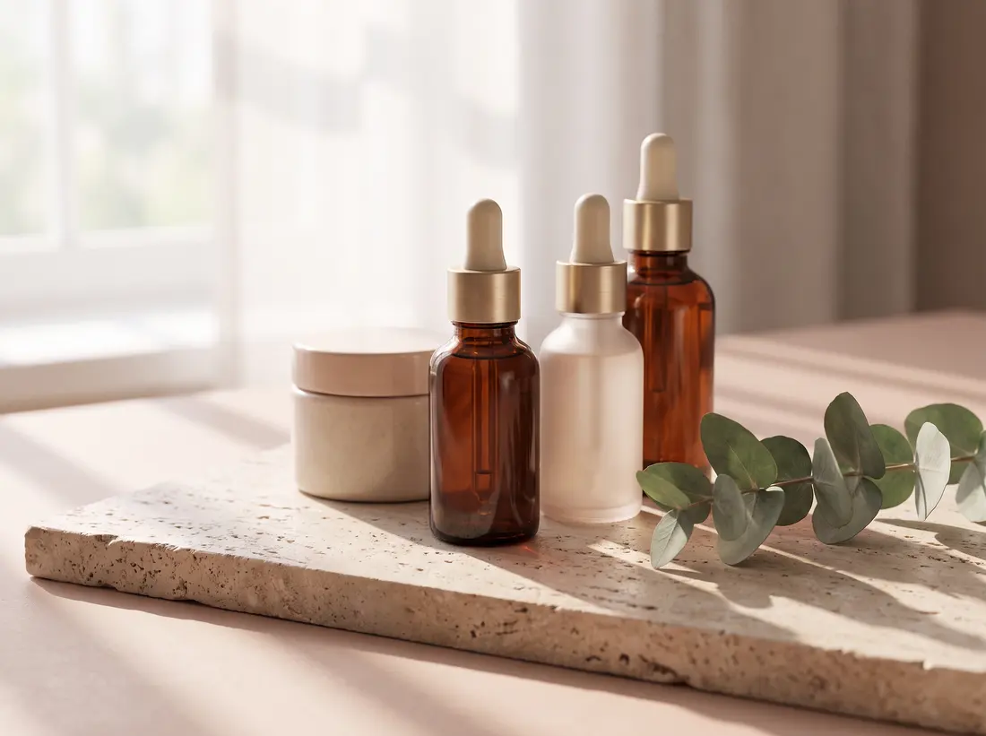 Skincare bottles on travertine