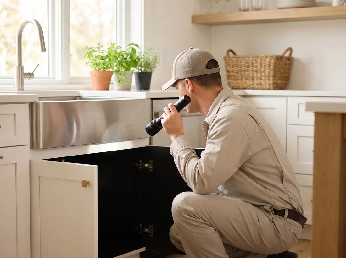 Technician inspecting under a kitchen sink