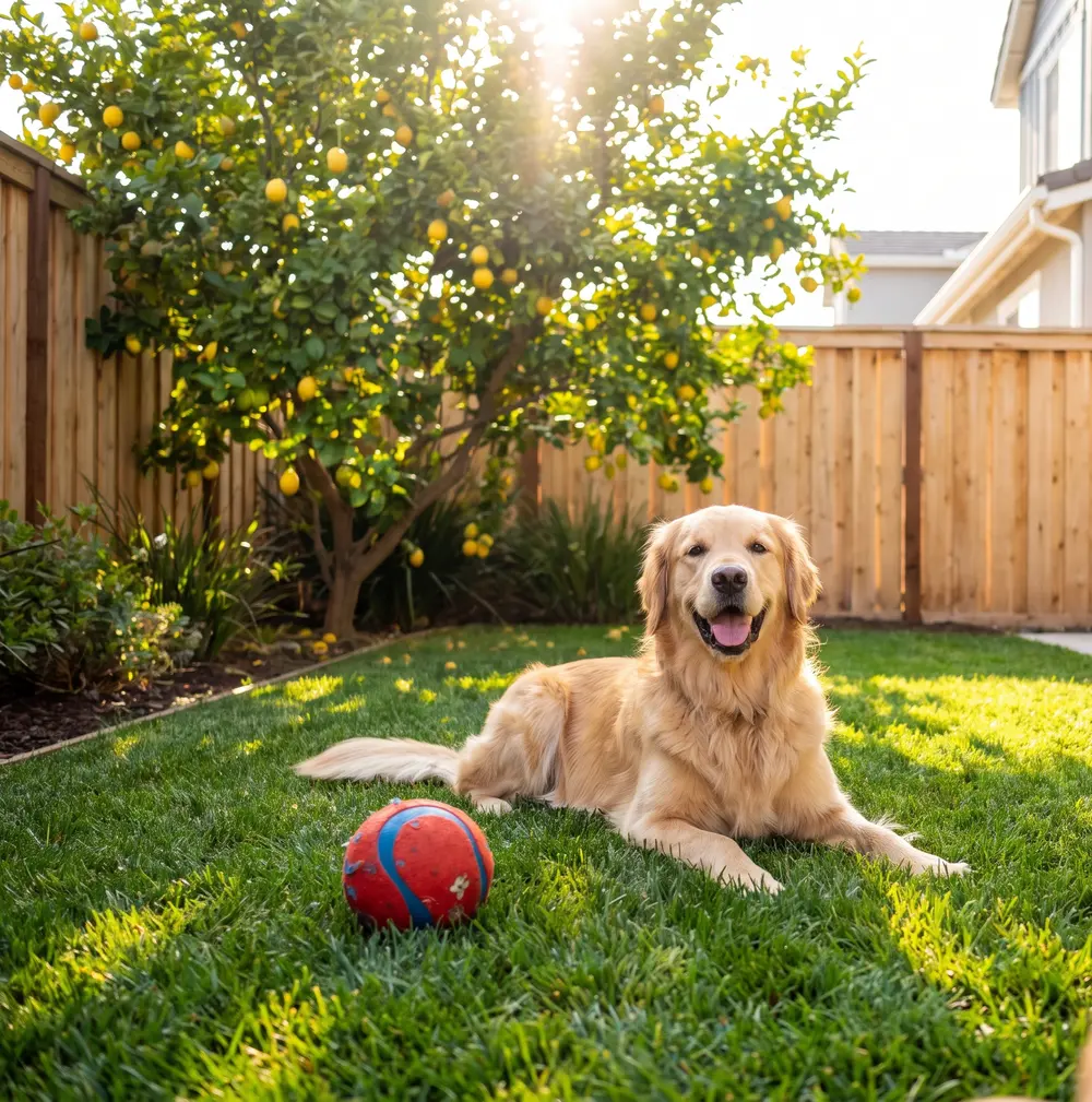 Dog relaxing in a treated backyard