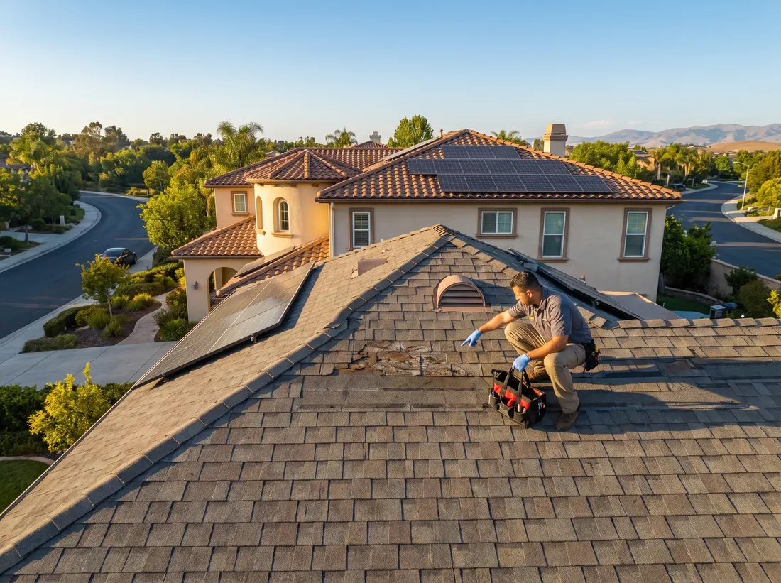 Roofer inspecting storm damage
